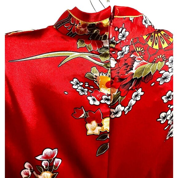 Asian Chinese Red Floral Dress S ? M? Mandarin Collar Short Slvs. Long Slits NWT - Picture 6 of 16